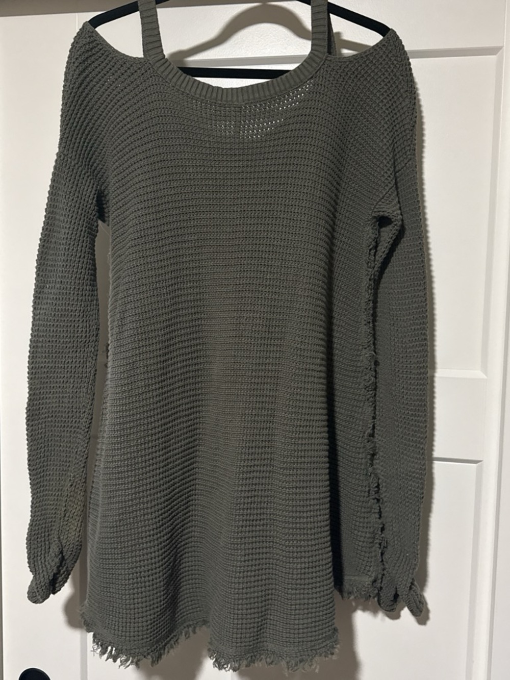 Free People Olive Green Waffle Knit Cold Shoulder Sweater - Picture 5 of 6